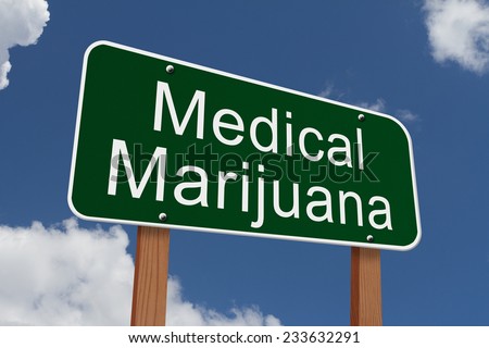 Medical Marijuana Sign, Green highway sign with words Medical Marijuana with sky background