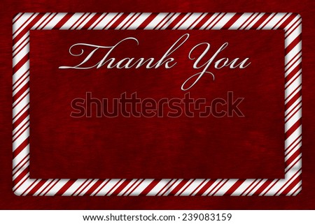 A Thank You card, A Candy Cane border with words Thank You over red plush background with copy-space