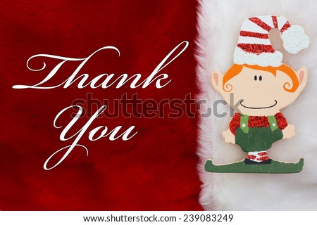 Thank You, A plush red stocking with a Christmas Elf and words Thank You