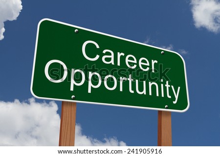 Career Opportunity Sign, Green highway sign with words Career Opportunity with sky background