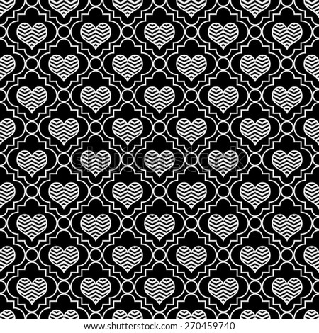 Black and White Chevron Hearts Tile Pattern Repeat Background that is seamless and repeats