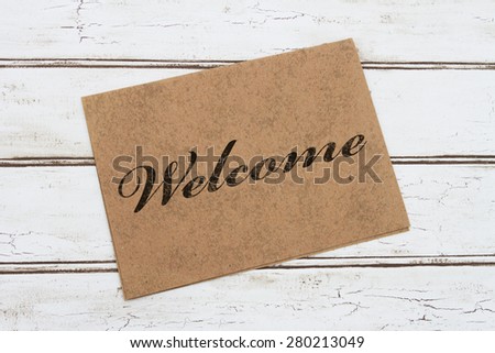 A Welcome Card, A brown card with words Welcome over a distressed wood background
