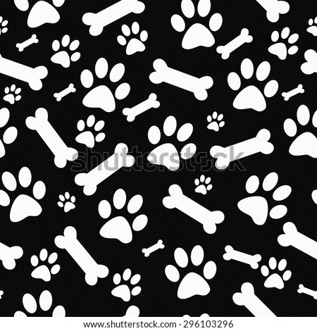 Black and White Dog Paw Prints and Bones Tile Pattern Repeat Background that is seamless and repeats