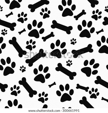 Black and White Dog Paw Prints and Bones Tile Pattern Repeat Background that is seamless and repeats