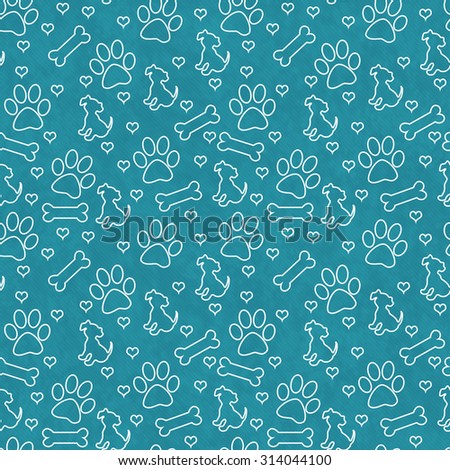 Teal and White Dog Paw Prints, Puppy, Bone and Hearts Tile Pattern Repeat Background that is seamless and repeats