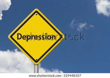 Depression Warning Sign, Yellow Caution sign with word Depression with sky background