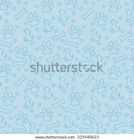 Blue Dog Paw Prints, Puppy, Bone and Hearts Tile Pattern Repeat Background that is seamless and repeats