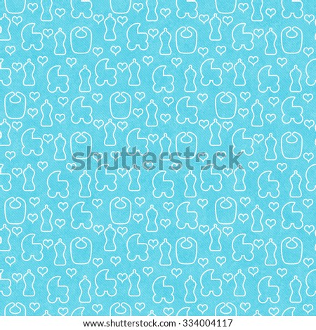 Teal and White Baby carriage, Bib, Bottle and Hearts Tile Pattern Repeat Background that is seamless and repeats