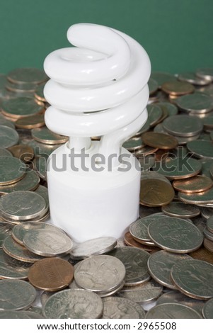 An energy efficient light bulb surrounded by change