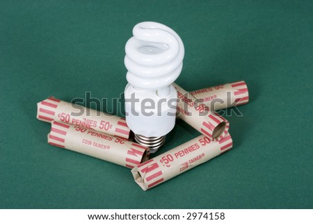 An energy efficient light bulb surrounded penny coin holders