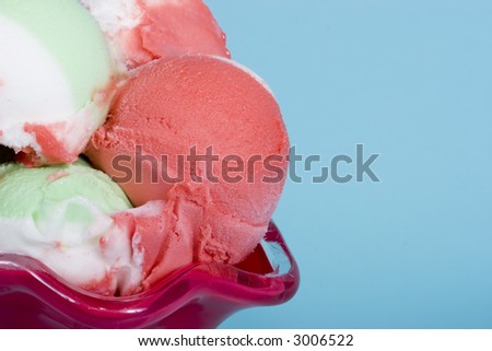 Ice cream in a bright dish on blue background