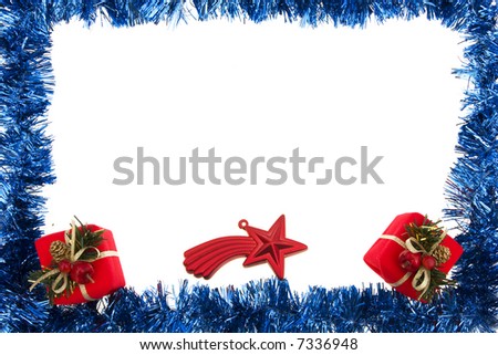Blue garland frame with gifts and star isolated on white