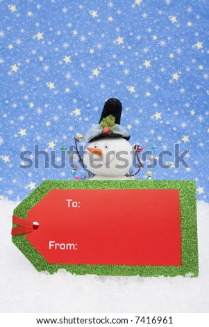 Snowman with blank gift tag with a winter background