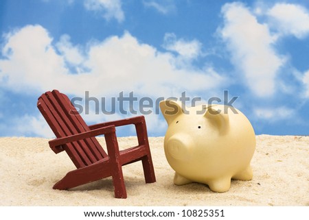 Coin bank on sand with chair – retirement money