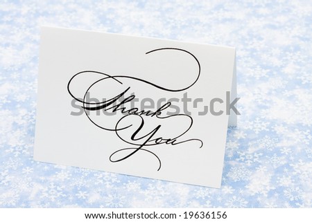 Thank you card on blue snowflake background, thank you card