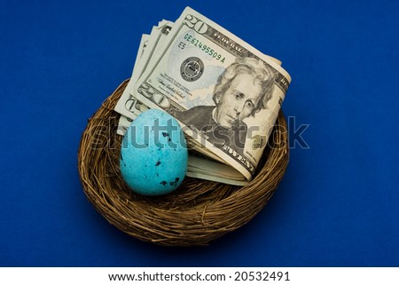 Stack of twenty dollar bills sitting in nest with egg on blue background, nest egg