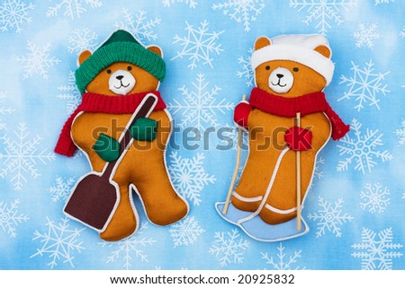 Two winter themed bears on snowflake background, winter bears