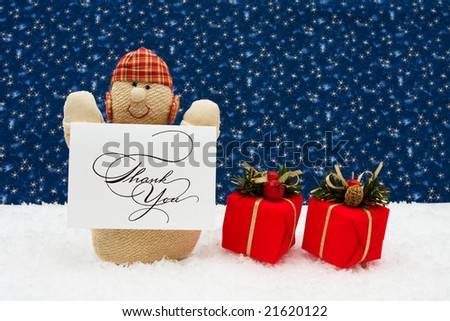 Snowman with thank you card and presents on a star background, Snowman