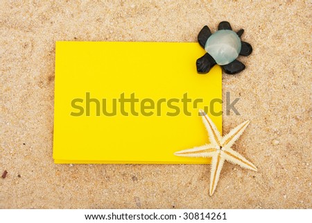 A green turtles with a starfish sitting on a yellow card with a sand background, turtle