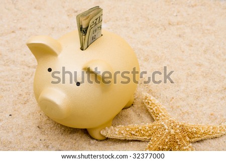 A piggy bank with starfish on a sand background, vacation savings