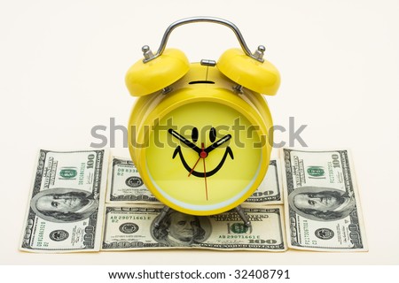 A smiley face clock cap with hundred dollar bills on a beige background, increased education costs