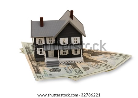 A model house with twenty dollar bills isolated on white background, housing costs