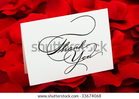 A white thank you card sitting on a red rose petal background, love cakes