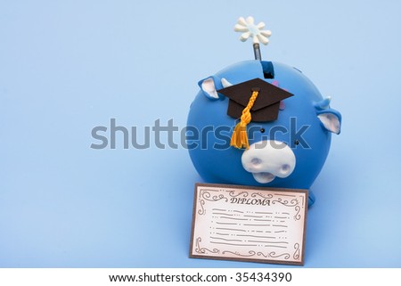 A pretty piggy bank wearing graduation cap on a blue background, education savings