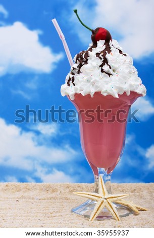 An ice cream sundae sitting on sand on a sky background, ice cream sundae