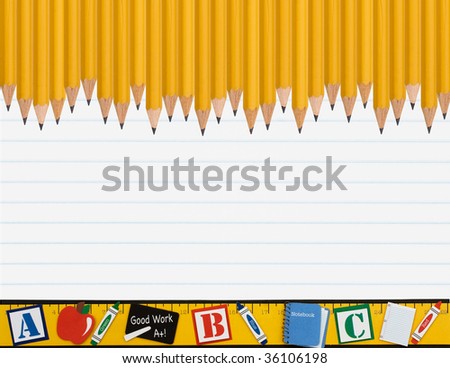 A row of sharpened pencils and a ruler on a loose leaf background, School days