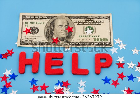 One hundred dollar bill with multi colored stars and the word help on blue background, financial help
