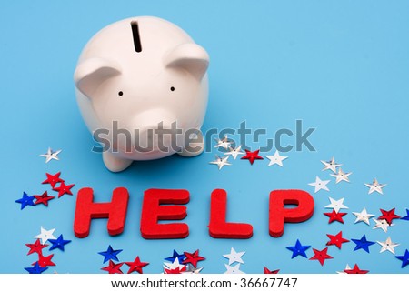 Piggy bank with multi colored stars and the word help on blue background, financial help