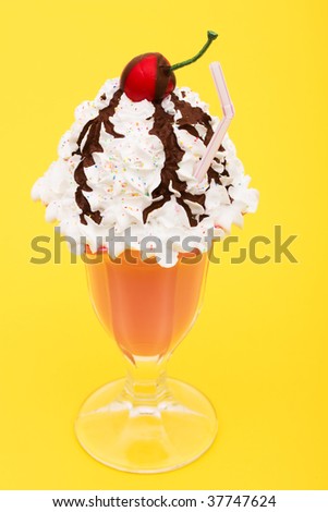 A ice cream sundae on a yellow background, ice cream sundae