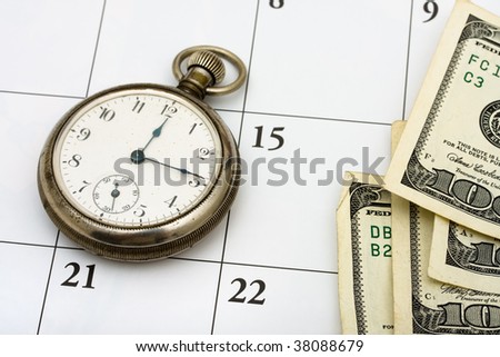 A pocket watch with hundred dollar bills sitting on a calendar background, time management
