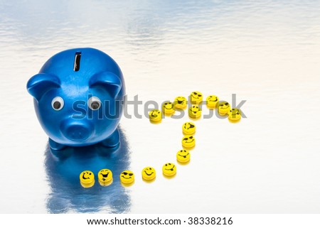 A blue piggy bank with smiley faces making an arrow on a shiny background, smile your saving