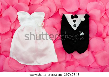 stock photo A wedding dress and tuxedo on a flower petal background 