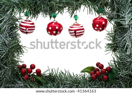 A green garland border with Christmas bells isolated on a white background, garland border
