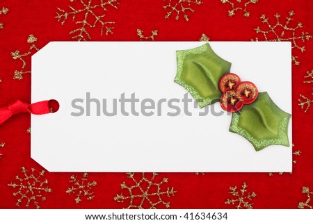 A blank gift tag on a wrapping paper background, gift tag