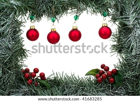 A green garland border with Christmas balls isolated on a white background, garland border