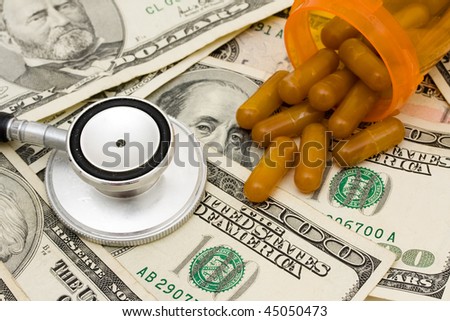 A prescription bottle with pills on a money background, medication costs