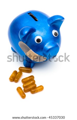 Piggy bank with a bandage over it on a white background, medication costs