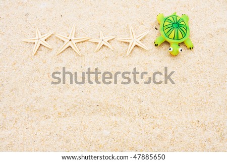 A turtle and starfish sitting on a sand background, starfish and turtle