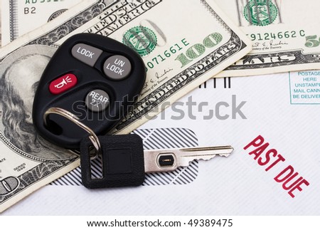 A set of car keys with cash and a past due bill, Past due car payment