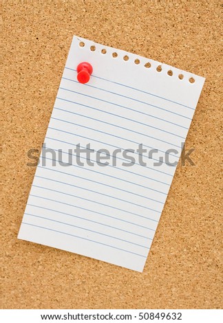 A note on white lined paper tacked to a cork board, Write your own message