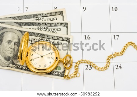 A gold pocket watch with cash on a white calendar background, Time to retire