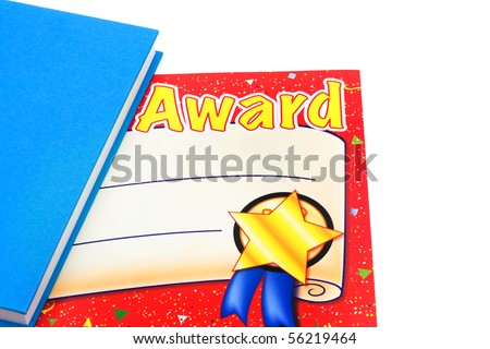 A book with a paper award isolated on a white background, education award