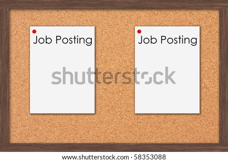 A cork bulletin board with job postings and a wooden frame, Job Postings