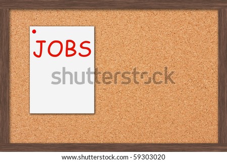 A cork bulletin board with job postings and a wooden frame, Job Postings