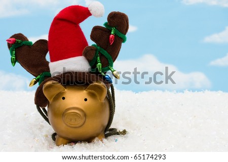 A piggy bank with a santa hat, reindeer antlers and christmas lights on a sky background, christmas savings