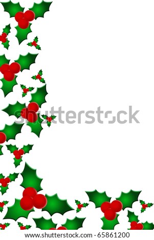 Holly leaves and berries on a white background, holly and berries border
